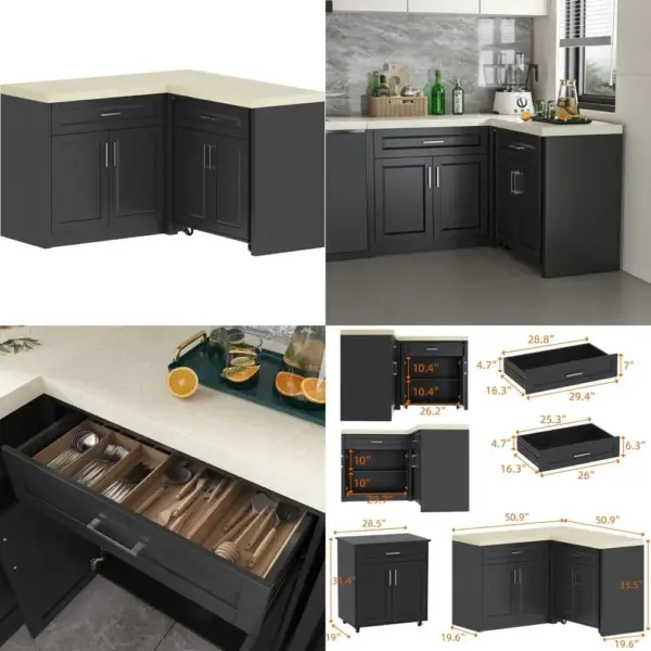 l-shape kitchen pantry cabinet with wheels and drawers, corner pantry storage cabinet with doors, hidden cart, cupboard with bei
