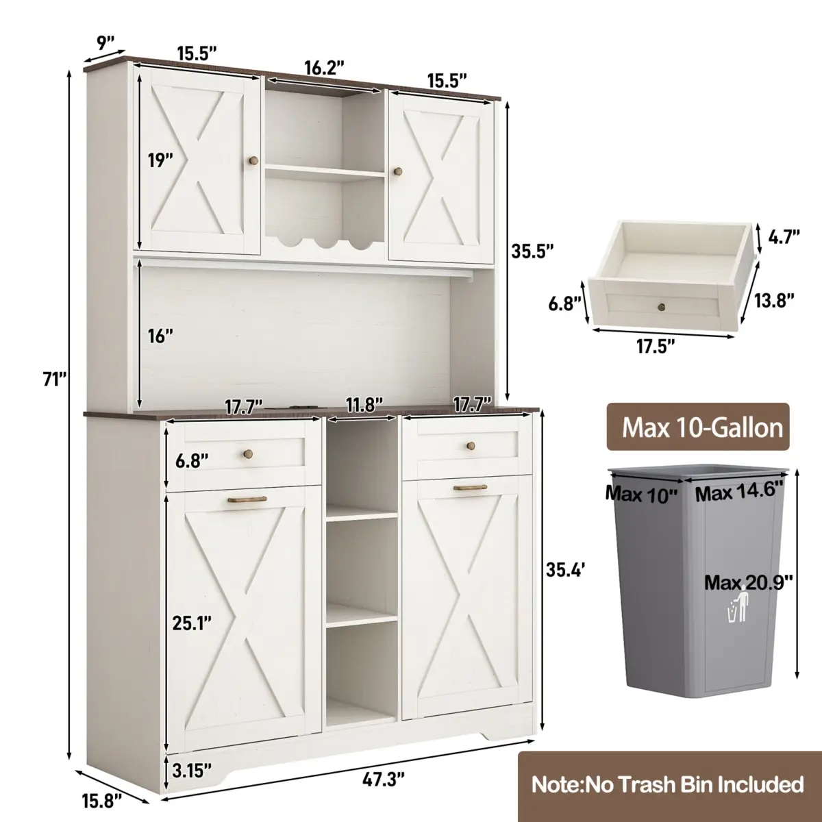 71" Tall Kitchen Pantry Storage Cabinet w Power Outlets, Farmhouse Double Tilt Out Trash Cabinet 13X2 Gallon Garbage Holder - Image 6