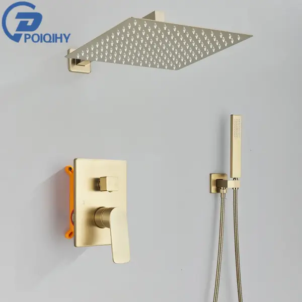 POIQIHY Brushed Golden Shower Faucets Wall Mount Concealed Shower Set Rainfall Bath Shower Mixers 2 ways Bathroom Mixer Tap