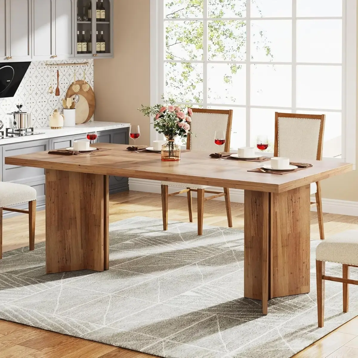 63-inch Dining Table for 4-6, Farmhouse Kitchen Table with Large Tabletop, Rectangular Eating Table for Dining Room, Living Room - Image 1