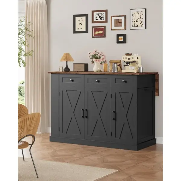Movable Kitchen Island Table with Foldable Top, Kitchen Island Cart with Storage, Trash Bin Cabinet, 2 Drawers