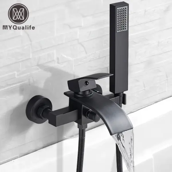 Black Bathroom Tub Faucet Single Handle Waterfall Spout Mixer Tap with Hand Shower Wall Mounted Gold Bath Faucets Bathtub Tap