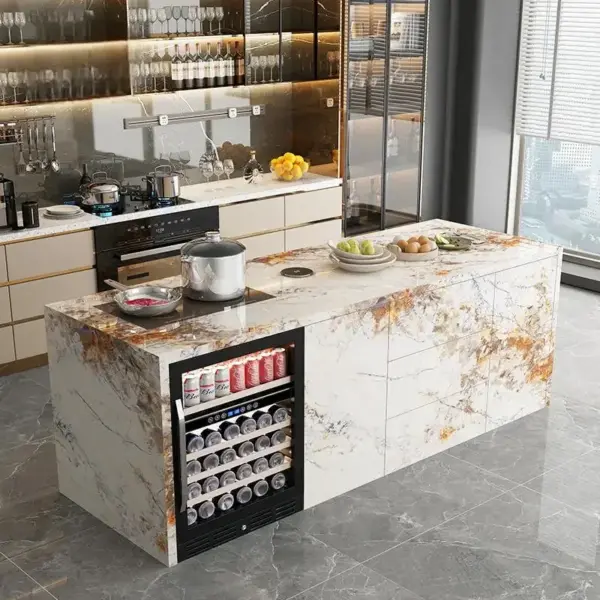 Natural Marble Kitchen Island with Storage & Wine Cooler, Customizable Luxury Cabinet, Waterproof Countertop for Spacious Home​​