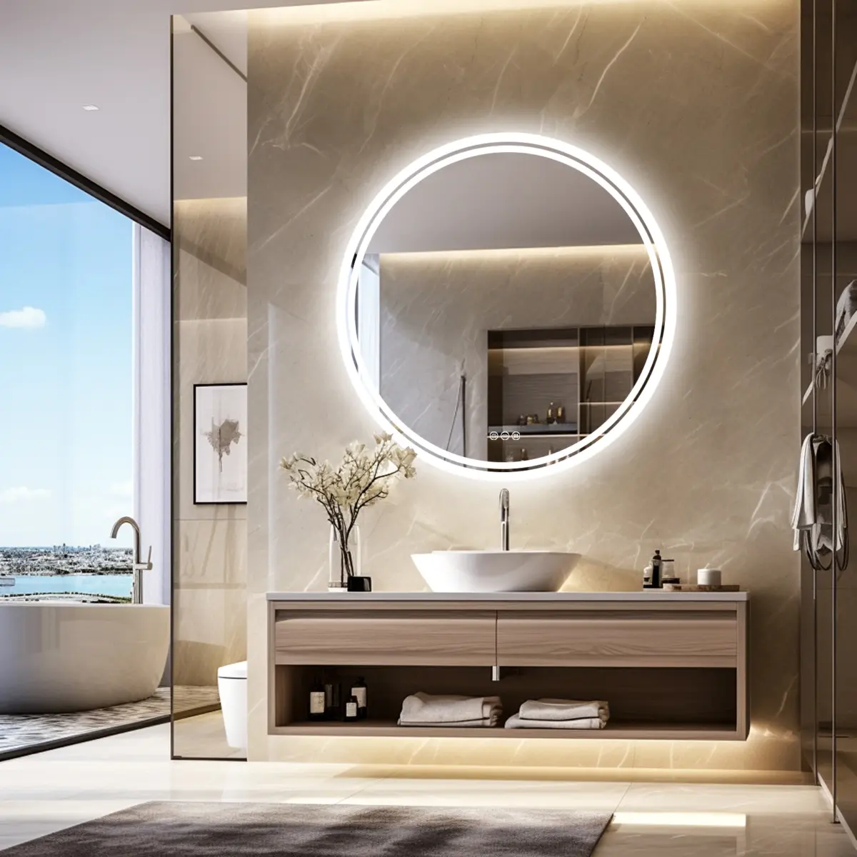 Bathroom Mirror with LED Lights Circle Backlit Illuminated Wall Mounted Lighted Mirror Anti-Fog 3 Colors Change IP65 Dimmable - Image 1