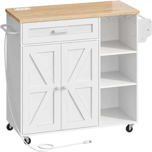 Kitchen Island Trolley with Power Outlet, Spice Rack, Rolling Storage Cart with Drawer, Versatile Island Table with Cabinet