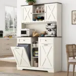 71" Tall Kitchen Pantry Storage Cabinet w Power Outlets, Farmhouse Double Tilt Out Trash Cabinet 13X2 Gallon Garbage Holder