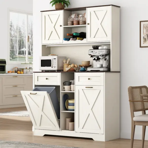 71" Tall Kitchen Pantry Storage Cabinet w Power Outlets, Farmhouse Double Tilt Out Trash Cabinet 13X2 Gallon Garbage Holder