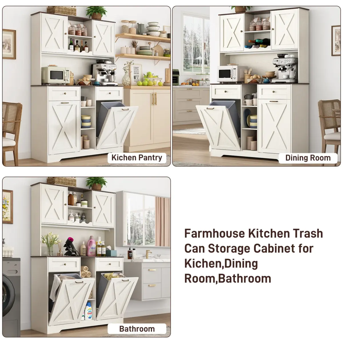 71" Tall Kitchen Pantry Storage Cabinet w Power Outlets, Farmhouse Double Tilt Out Trash Cabinet 13X2 Gallon Garbage Holder - Image 4