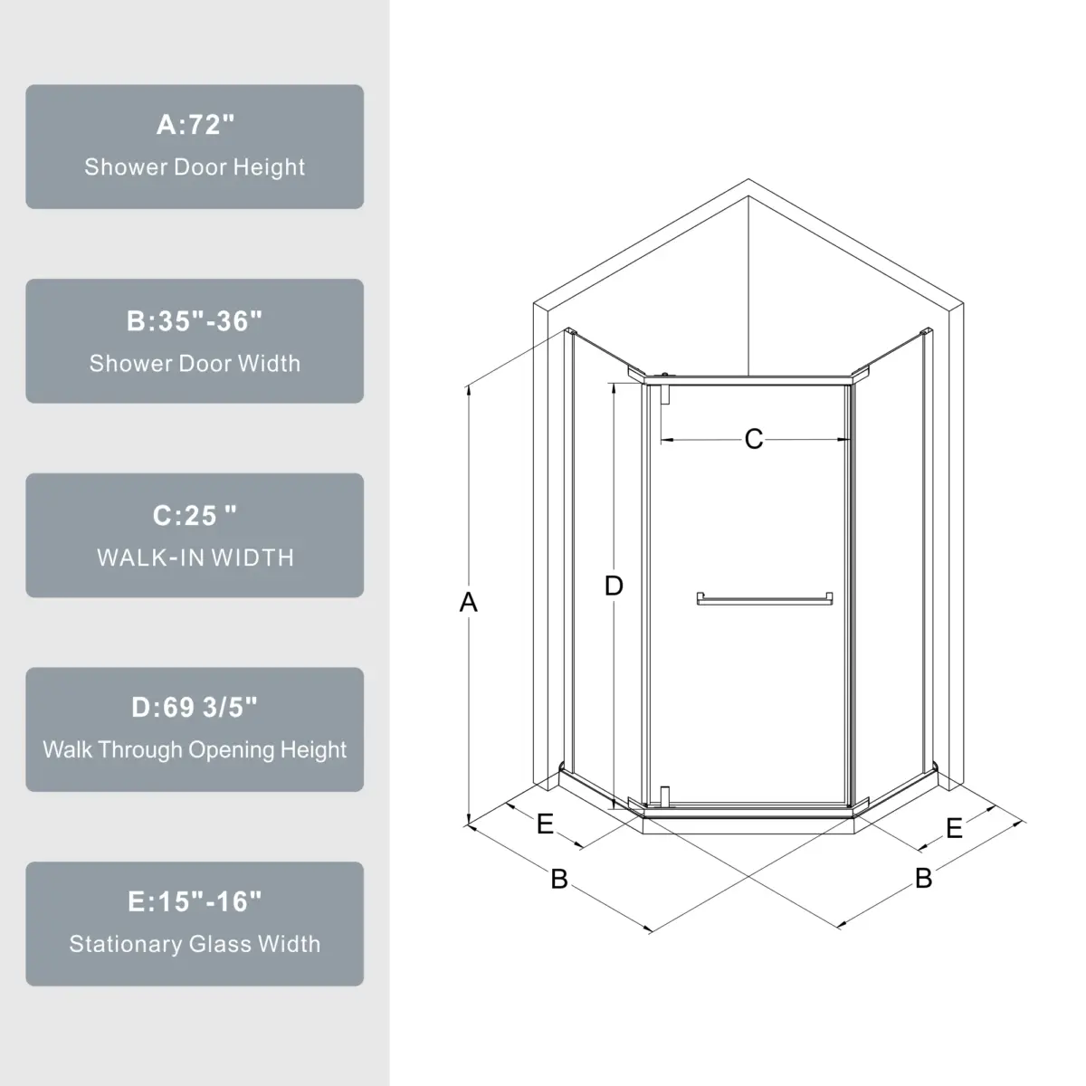 36 in.D x 36 in.W x 72 in.H Frameless Shower Door, Neo-Angle Corner Shower Enclosure with 1/4" Clear Glass, Pivot Shower Doors - Image 6