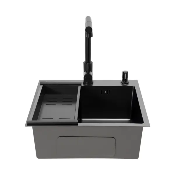 Stainless Steel Sink Single Bowl Kitchen Sink with Drain Basket Pull-out Faucet for Washing Dishes Vegetables