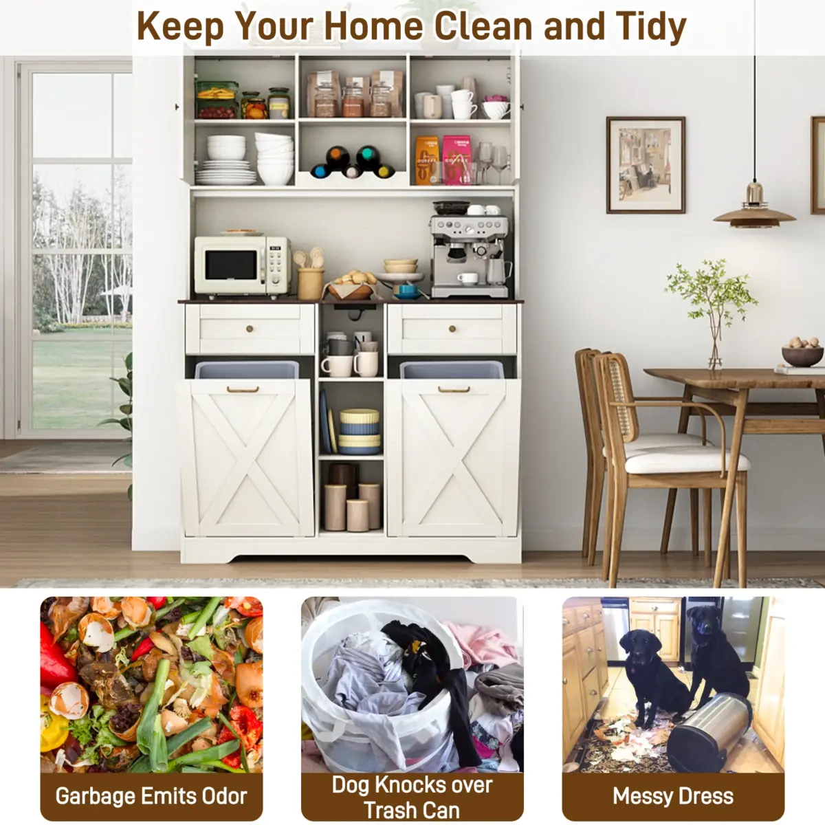 71" Tall Kitchen Pantry Storage Cabinet w Power Outlets, Farmhouse Double Tilt Out Trash Cabinet 13X2 Gallon Garbage Holder - Image 2