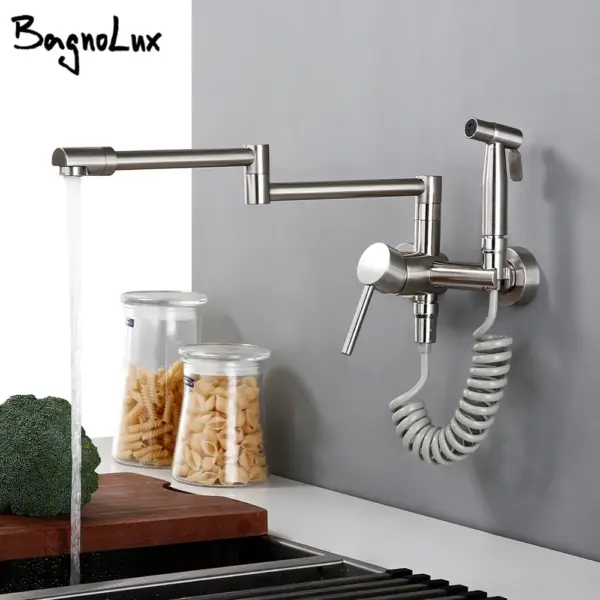 Kitchen Mixer Tap With Sprayer Hot And Cold Stream Wall Mount Pot Filler Faucet Pull Out Two Hole Wholesale Black Hot Sale