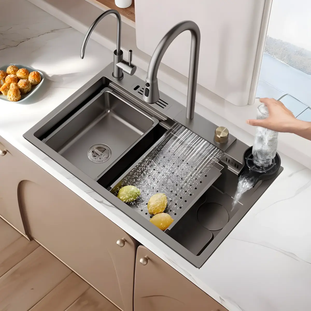 Embossed Honeycomb Flying Rain Waterfall Sink Handmade Kitchen 304 Stainless Steel Large Single Slot Vegetable Wash Basin Sink - Image 2