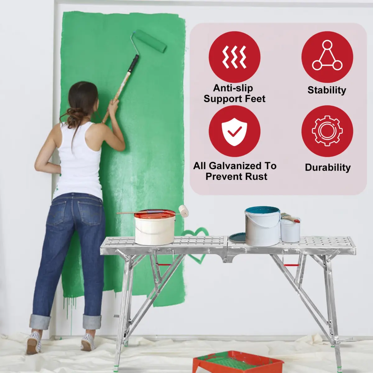 Portable Steel Scaffolding, Folding Non-Slip Work Platform for Drywall, Cleaning RV - Image 3