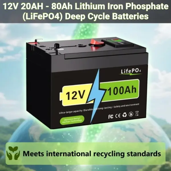 12V 20AH - 80Ah Lithium Iron Phosphate (LiFePO4) Deep Cycle Batteries for Solar Energy, Fish Finder, and Power Wheels