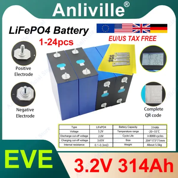 1-24pcs new A-grade EVE-MB31 3.2V 314Ah lithium iron phosphate battery DIY 12V 24V 48V electric boat solar inverter RV